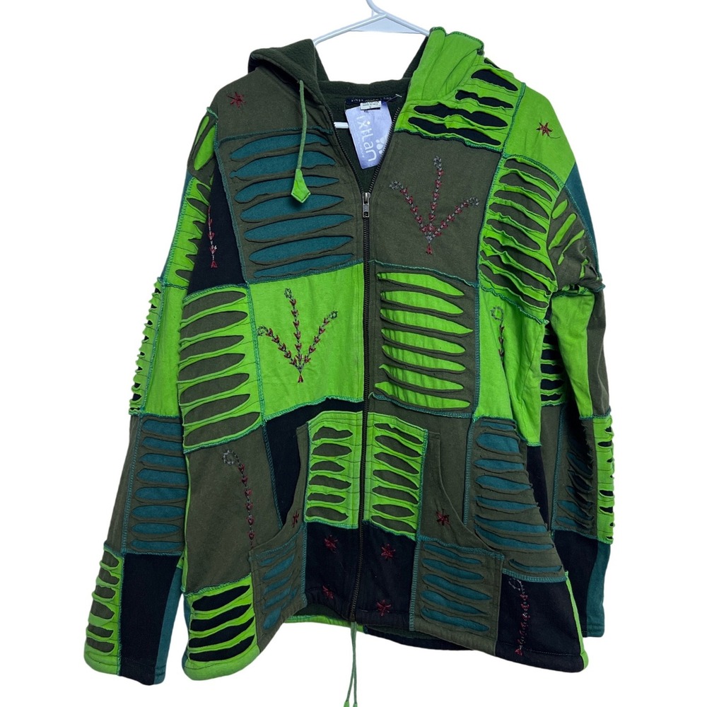 Ixtlan Green Patchwork Distressed Slashed Fleece Lined Zip Hoodie Women L NEW